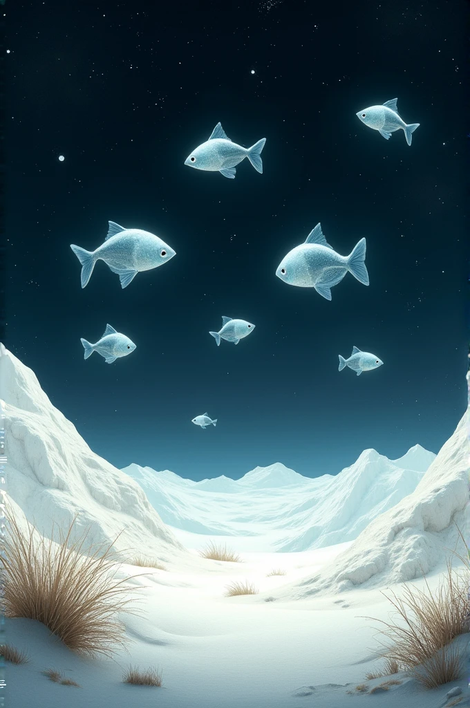 genera: desert+White sand+Seven translucent fish float+starry Night+dark shade+rare and dry plants+Coraline movie style+in outer space