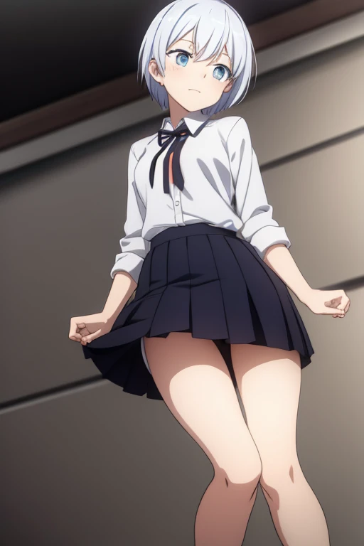 Highest quality, 1 person, bashful girl, uniform, short hair, white hair side tie_panties, Skirt blown in the wind, High school girl on the bed, very expressive eyes, School uniform, short skirt, cyan eyes, short stature, front view