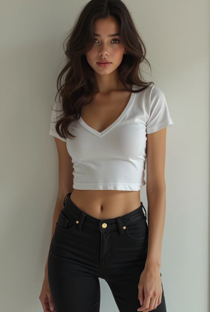 (hyperrealist 2.2) Beautiful girl wears a tight shirt that has big breasts and also wears tight pants that show her buttocks