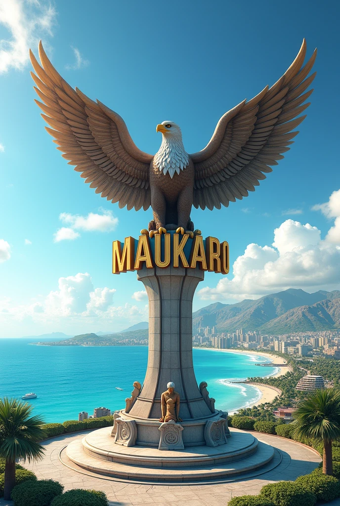 a city (very beautiful) by the sea ((blue sea water)) with a statue of an eagle clutching Maukaro writing city name ((Maukaro)).