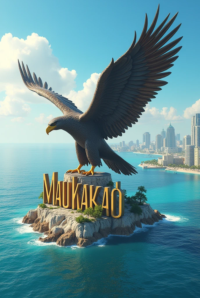 a city (very beautiful) by the sea ((blue sea water)) with a statue of an eagle clutching Maukaro writing city name ((Maukaro)).