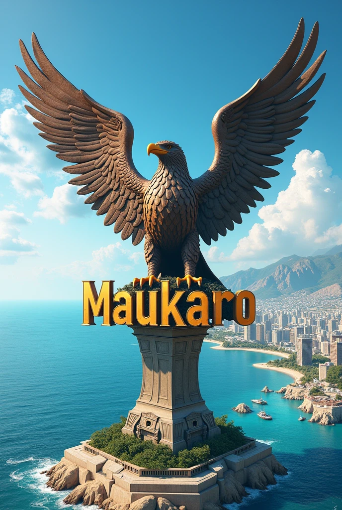 a city (very beautiful) by the sea ((blue sea water)) with a statue of an eagle clutching Maukaro writing city ​​name ((Maukaro)).