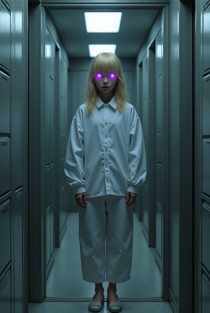 15 year old girl, Trapped in a laboratory, He is wearing a white shirt, white pants and white shoes. She has blonde hair and her eyes have a purple light., She is locked in what looks like a cell with grey walls.