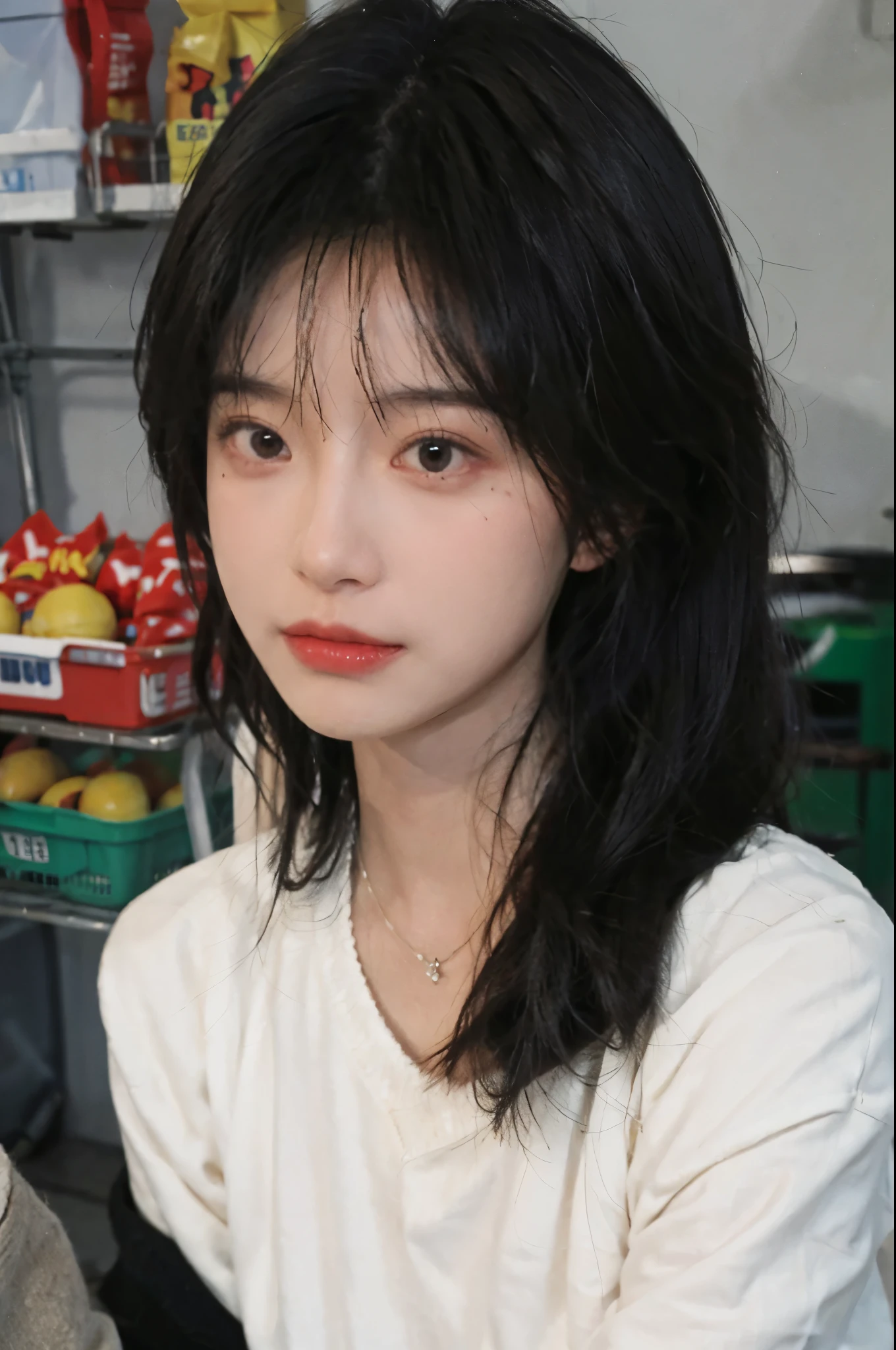 Best quality,Ultra-high resolution,(Realism:1.4),Cute hairpins,girll,Cropped black sweater,Look directly at the audience,Full of atmosphere,Beautiful woman with a slim figure:1.4,supermarket,Super delicate face,Exquisite eyes,Double eyelids,necklace