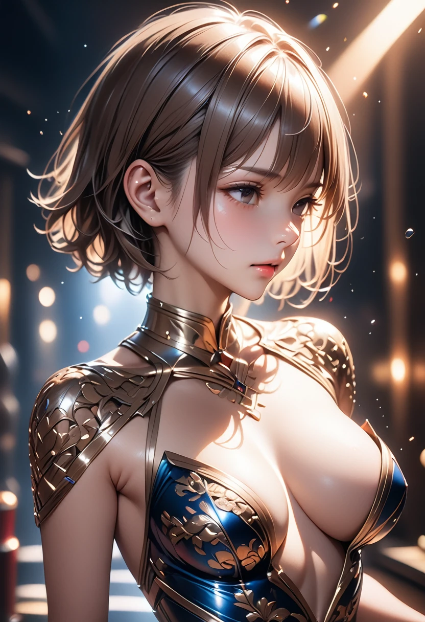 Highest quality, Realistic, photoRealistic, Award-winning illustrations, (Intricate details: 1.2), (Subtle details), (Intricate details), (Cinematic Light, Super sexy short hair super girl, Large, firm, swaying bust, ai-generated,