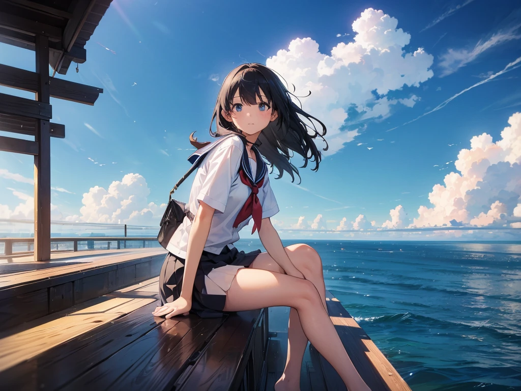 1girl, nullに浮かぶ巨大な都市, cloudのsuperiorの町, Floating School City, you can see the horizon, There&#39;s a city below,１people々, Purple eyes, Blonde,score_9, score_8_superior, score_7_superior, score_6_superior, score_5_superior, masterpiece, Highest quality, Intricate details, Sharp focus, Super detailed, null, (null飛ぶ島:1.2), null, cloud, Fantasy Landscape, Mysterious,