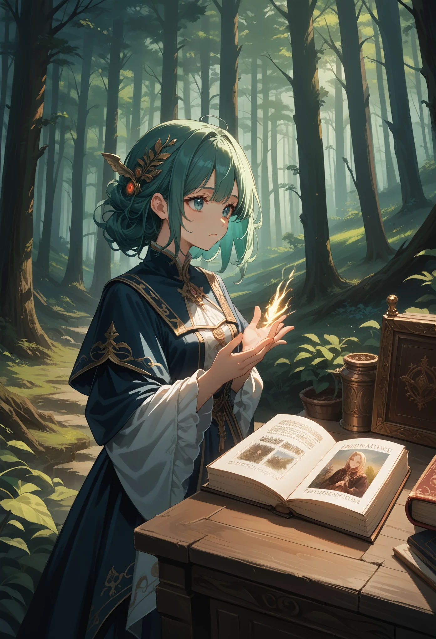 Anime Witch,Hair Color Azure,Eye Color Dark Green,The scale of the painting is breathtaking,Casts a Spell and Everything Rises with Gusts of Wind,Charming with a Beautiful Figure,hands up,Spell Book Glows Golden Color, the forest, High Definition Wallpapers 4k, Fantasy, fantasy, Details maximum, masterpiece, Clear Development of the Picture, score_9, score_8_up, score_7_up, best quapoty, highres, absurdres, source_アニメ