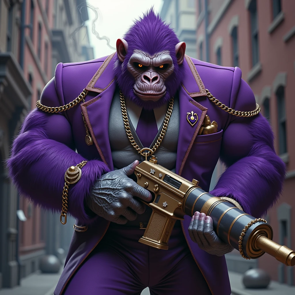 Purple Ape, with giant weapons, with gangster SUIT with chains, tattooed and smoking, with diamond and gold rings