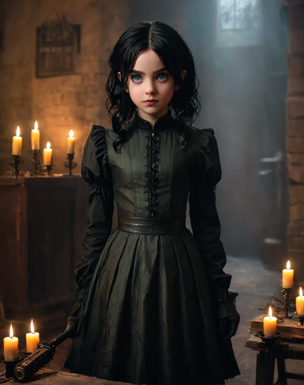 A girl with a chainsaw, 11 years old daughter of Severus Snape, green eyes, black hair, wearing a gothic dress, Leatherface, surrounded by candles, best quality, 4k, 8k, highres, masterpiece:1.2, ultra-detailed, realistic, photorealistic, photo-realistic:1.37, HDR, UHD, studio lighting, ultra-fine painting, sharp focus, physically-based rendering, extreme detail description, professional, vivid colors, bokeh, horror, dark fantasy, chiaroscuro, dramatic lighting, moody atmosphere