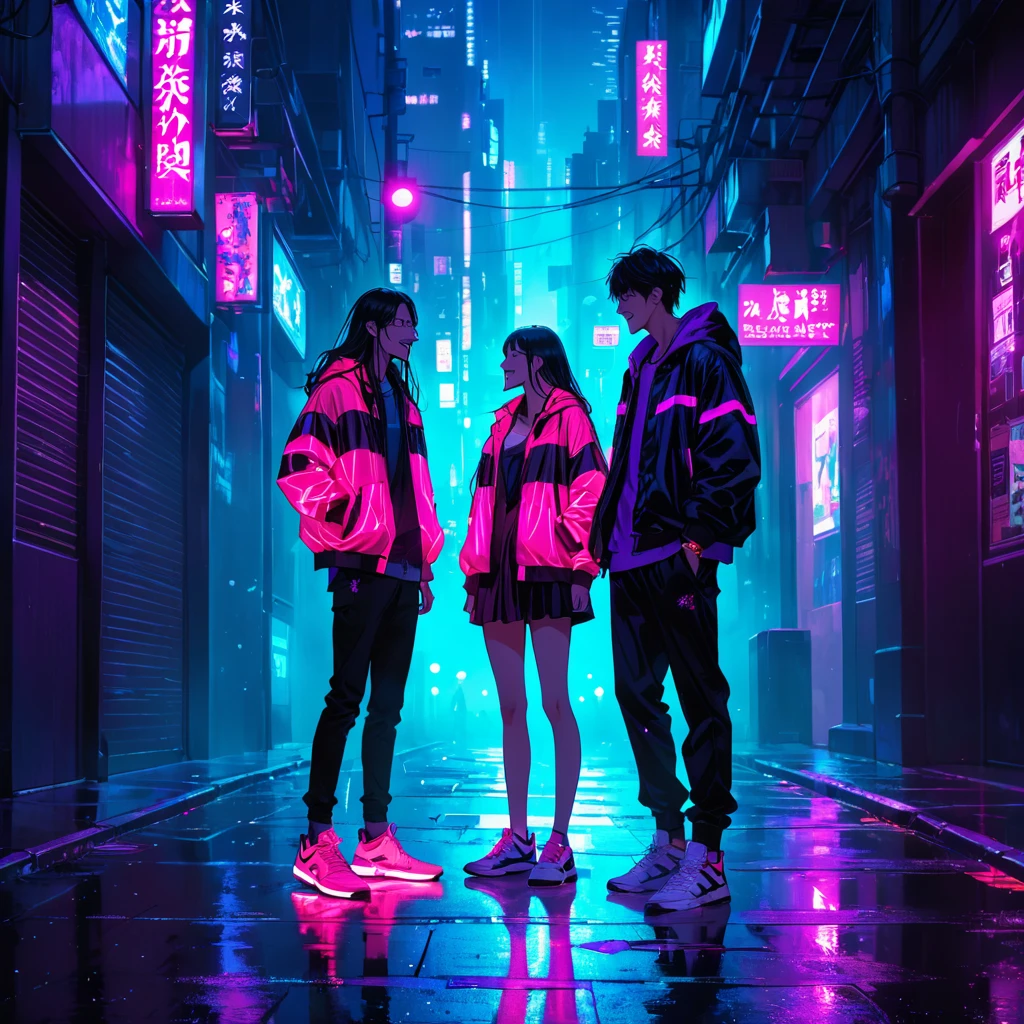 "An anime-style illustration of a man and a woman in darkness. The man is laughing, and both are dressed in street-style jackets and sneakers. Their outfits feature red fluorescent colors that make them visible in the dark. The woman's full body and the man's full body are clearly shown, with glowing purple accents on their jackets and sneakers to highlight them against the dark, urban background."dark,
High resolution, masterpiece, accurate, bestquality, High detail, high quality, Very detailed, dark,longhairVery detailed, Ultra high definition,