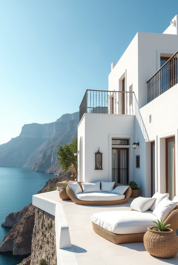 The image shows a beautiful white building with a unique architectural design. The building is located on a cliff overlooking the ocean, with a clear blue sky and the ocean in the background. The exterior of the building is made of white stucco and has multiple windows and doors, giving it a traditional and rustic look. There are several potted plants and furniture scattered around the building, including a sofa, chairs, and a coffee table. The floor is covered with white cushions and there are several woven baskets and planters on the ground. The overall atmosphere of the image is peaceful and serene.