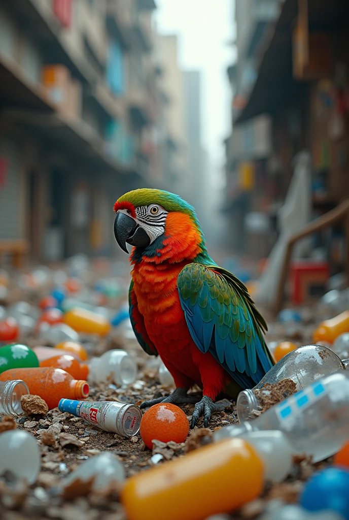 A parrot surrounded by a clutter of discarded plastic and trash, highlighting environmental issues.
