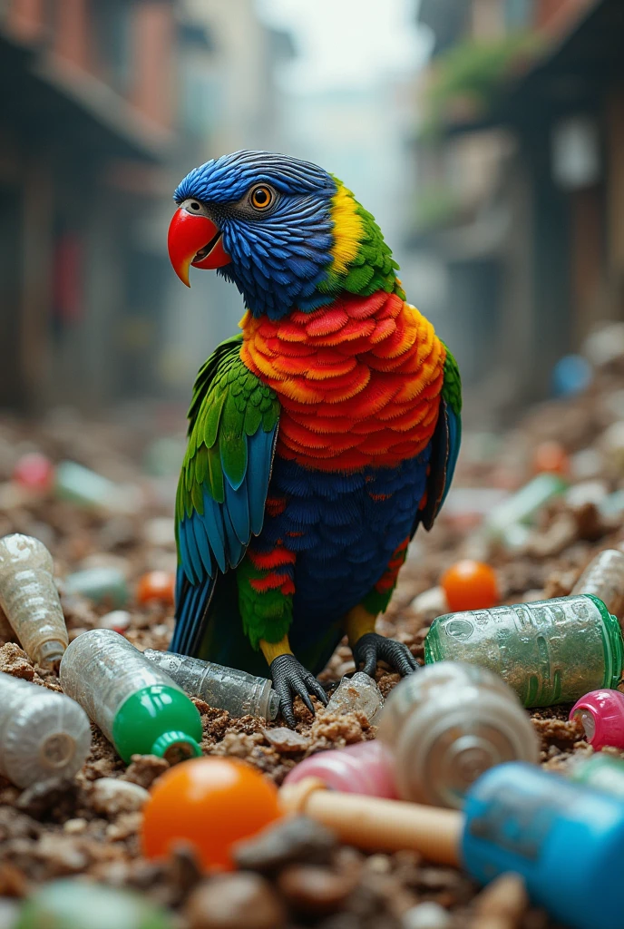 A parrot surrounded by a clutter of discarded plastic and trash, highlighting environmental issues.