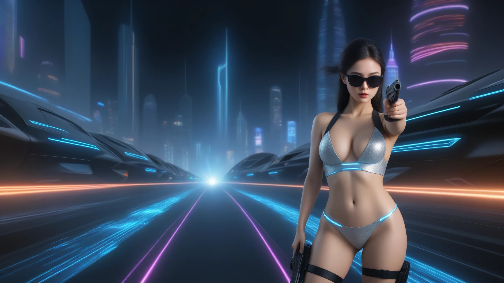 A sexy young slim woman wearing a black suit and dark glasses stood still, (holding a short gun), large-breast cleavage. The background is full of Sparkling, colorful electricity and colorful visual effects, flying cars, sci-fi sparkling-spirit wormhole. Realistic style and high definition Dynamic poses and stunning lighting.