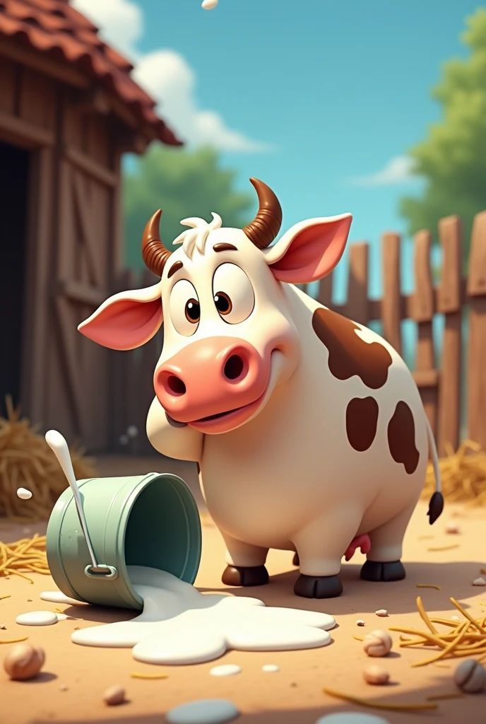 This photo of a cow eating food and a bucket of milk spilled on the ground has to be made into a cartoon.