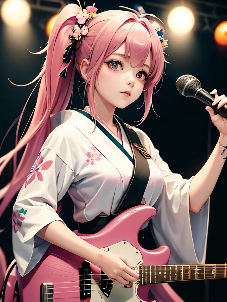 masterpiece, best quality, very detailed, high resolution, expensive resolution, high resolution, 4K, 8k, Unity 8k wallpaper, highly detailed CG, masterpiece, 2D, 3D, beautiful details, depth, fine texture, best quality: 1.3, perfect focus, crispy skin, he,
Very cute anime girl, girl playing baseguitar vocals in a band wearing a Japanese fancy floral haori hakama, on outdoor stage, full body, expensive pink twin tail hair, mole under eye, looking at the viewer, expensive, blush, mole, lips open, , heart choker, pink eyes, guitar vocals, stage,Full body of an anime girl with pink twin-tailed hair wearing a Japanese kimono and playing a bass guitar on stage at a cyberpunk festival
