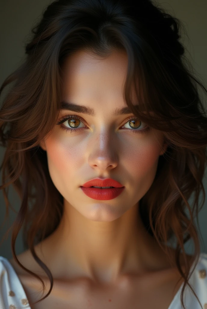 ((beautiful)+(attractive:0.9)+(sensual:0.8)) white indian actress ((nerd:0.8)+(lovely)+(clean skin)) with hazel eyes and red lips. Medium brown hair, ((intense eyes))