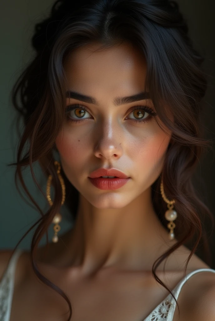 ((beautiful)+(attractive:0.9)+(sensual:0.8)) white indian actress ((nerd:0.8)+(lovely)+(clean skin)) with hazel eyes and red lips. Medium brown hair, ((intense eyes))
