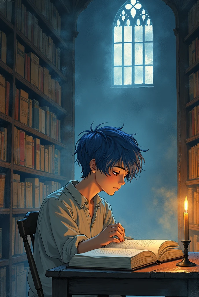 1 male, Watercolor Texture, Blue Hair, Soft colors, Illustration Anime, I&#39;m in the library,German,middle ages