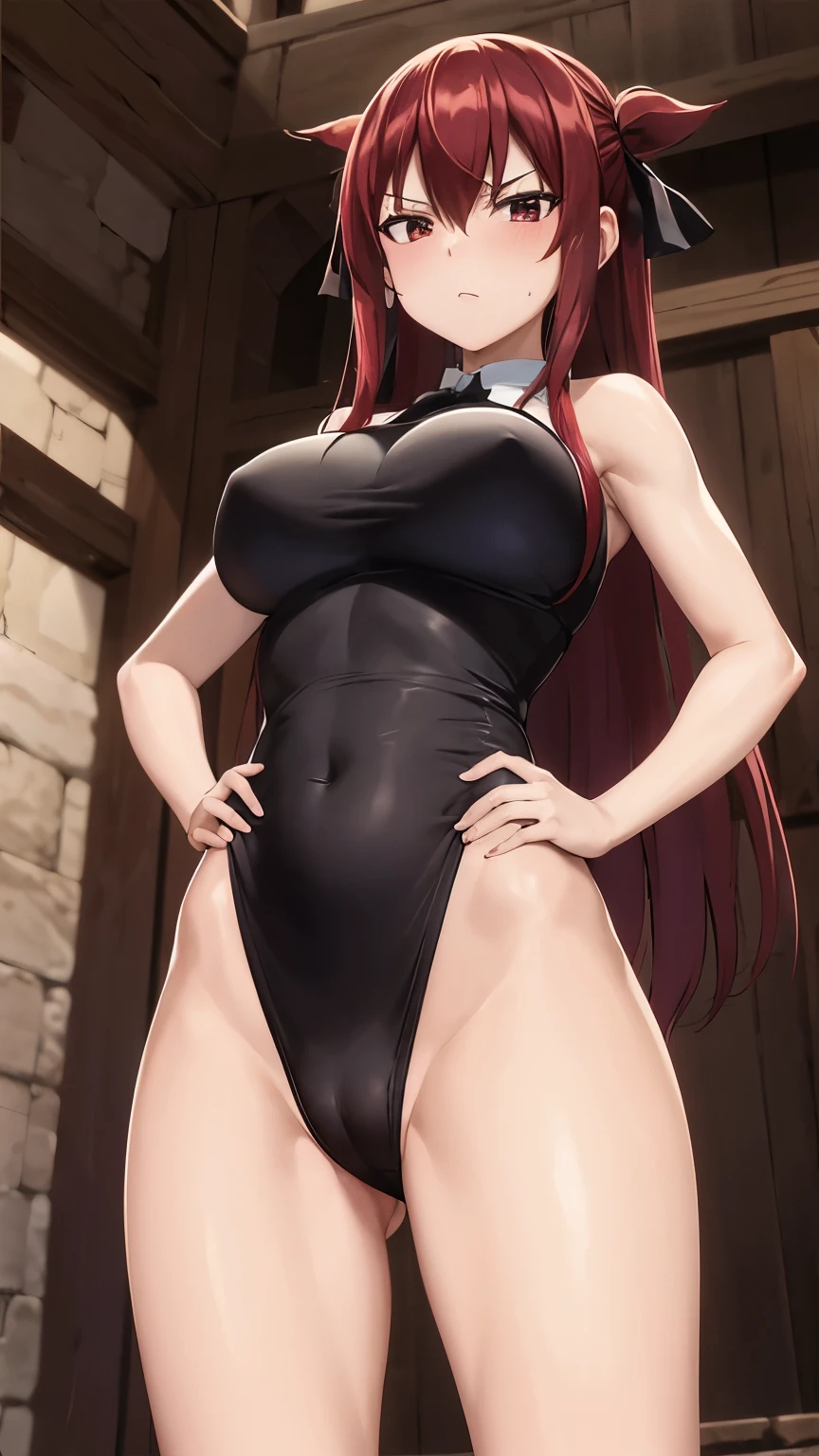 Star Image, best quality, high resolution, Lucy Hartfilia, Red hair, Long hair, Straight Hair, Black Ribbon, Large Breasts,, permanent,In the cell, Cowboy shooting, Looking at the audience, Hands on Hips, leading, Blood, mad, Bloody, sleeveless,Thong,Camel toe,Legs apart,Kneel down,Showing belly,Showing breasts