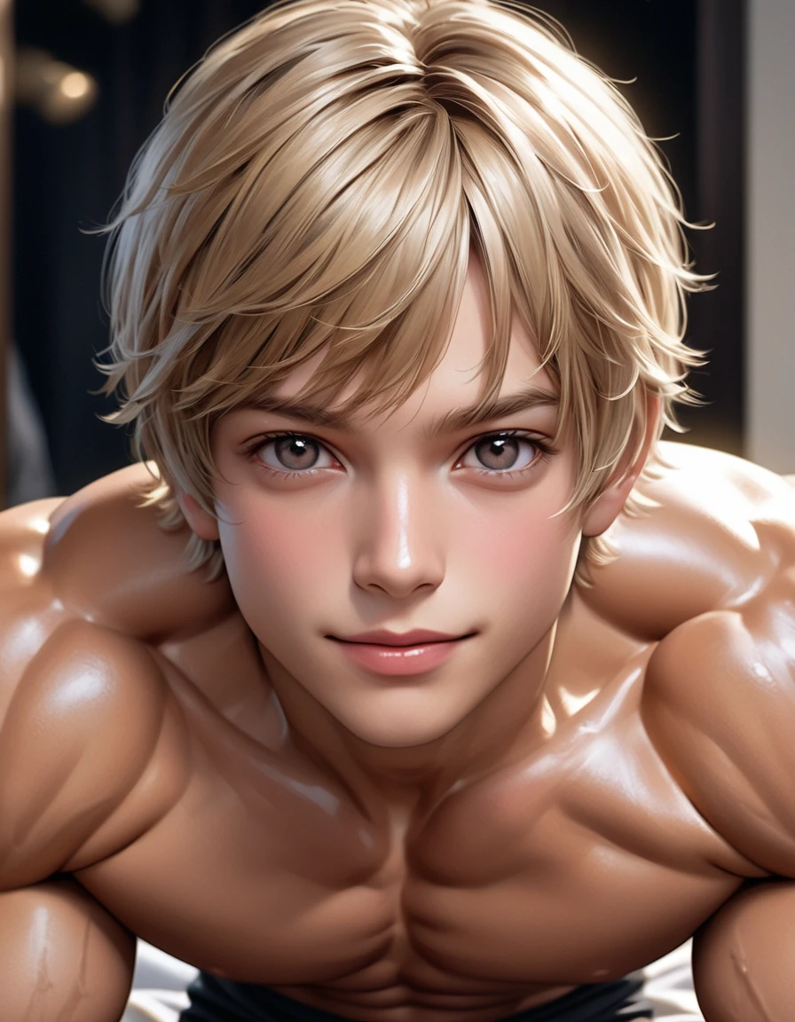 smiling blond boy , high quality, detailed, Realistic,(two  tanned swedish body builder boys:1.5), (detailed black eyes), (black short hair:1.1), (muscle:1.6), (tanned dark brown skin), night bedroom, (black tiny thong), (bulge), (detailed nipples), detailed areola,best quality,4k,8k,highres,masterpiece:1.2),ultra-detailed,(realistic,photorealistic,photo-realistic:1.37), looking at viewer,(face close up:0.7),--no watch,