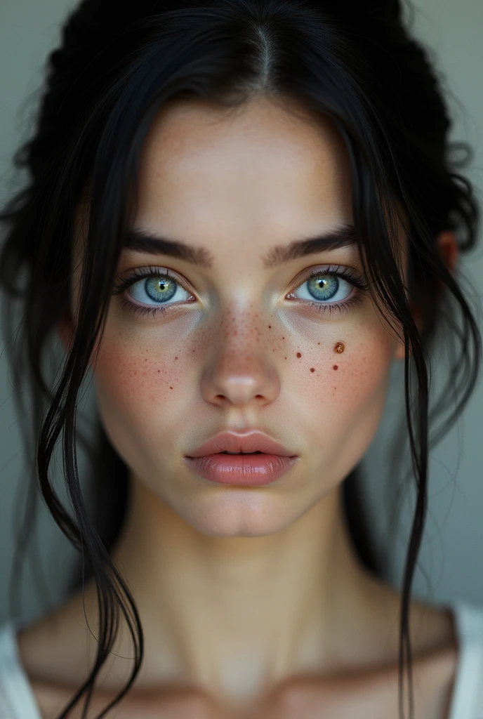 A white German teenager with blue eyes, moles and straight black hair