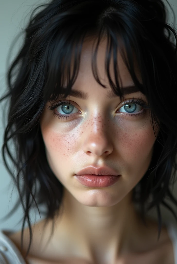 A white German teenager with blue eyes, moles and straight black hair