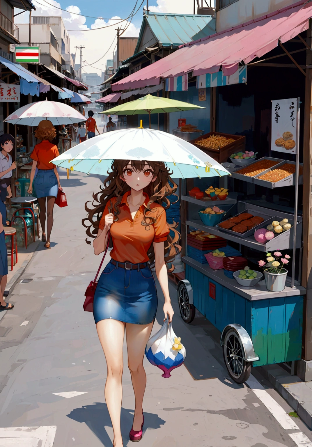 realistic anime illustration of pretty woman is walking along market street, street food kiosk around here, she is holding white umbrella, she has brown long curly hair, she wearing orange-red polo shirt, denim pencil skirt, (1girl, solo, full body), (masterpiece, best quality, japanese anime style), (expressive eyes, perfect face)