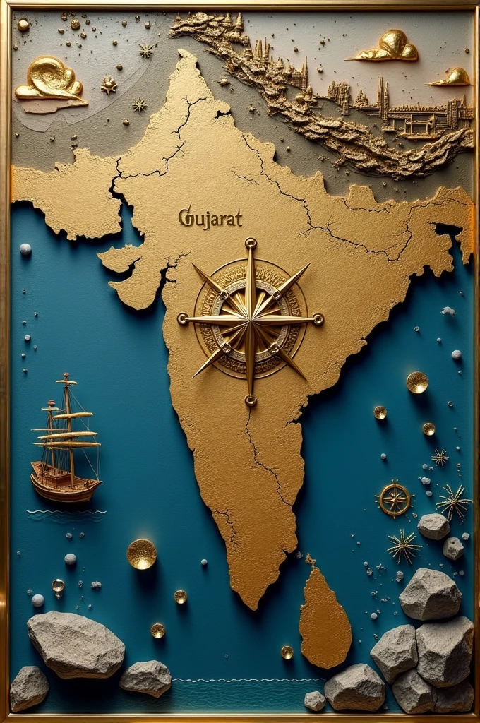 a 3D art on the wall with the map of Gujarat - metallic, add compass, port, ship and diamond