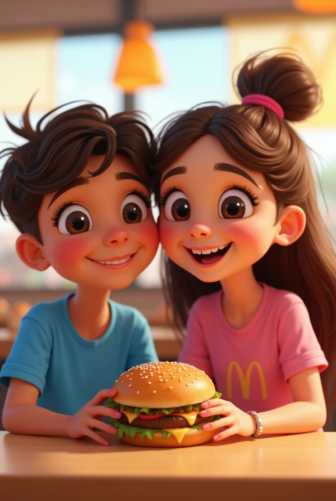 Two adorable teenage friends、sitting at a cafeteria table eating a hamburger。
They were in a McDonald's-style cafeteria.、A McDonald's-style logo is displayed in the background。McDonald's Logo Blue Shirt Pink Shirt Big face and eyes Pixar Their eyes are big and expressive、Smile、Sharing moments of friendship。
From the camera's point of view、They are depicted smiling and looking at the camera。
The illustration style is Disney/Pixar animation style、Characters have friendly expressions and details。