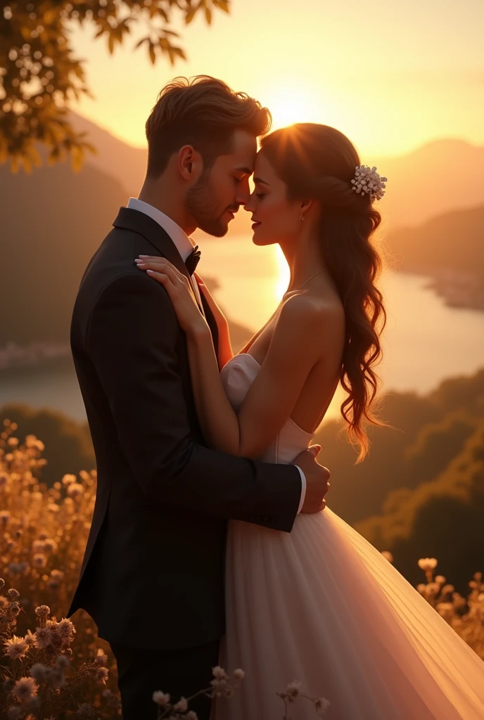 A romantic scene , a man and his beautiful wife kissing , sunrise