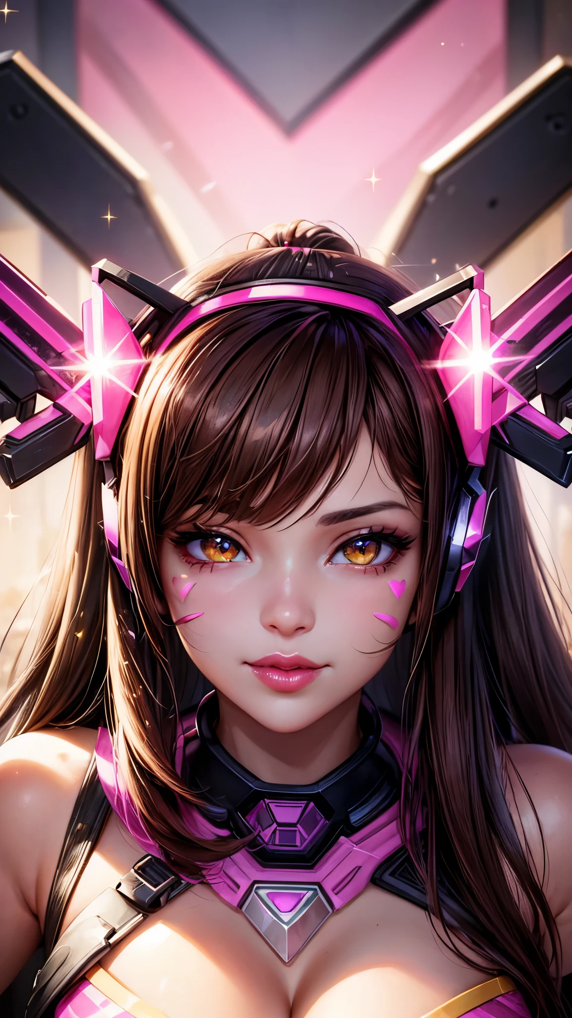 ((masterpiece)), Dva, Overwatch Dva, Dva headgear, Dva facepaint, brown hair, messy hair, heart-shaped pupils, amber eyes, seductive smile, cinematic lighting, sparkle, ray tracing, backlighting, drop shadow, pov, blurry foreground, from above, UHD, 4K, best quality, latex leggings, (((focus on lips))), ((face shot)), (((sparkly lips)))