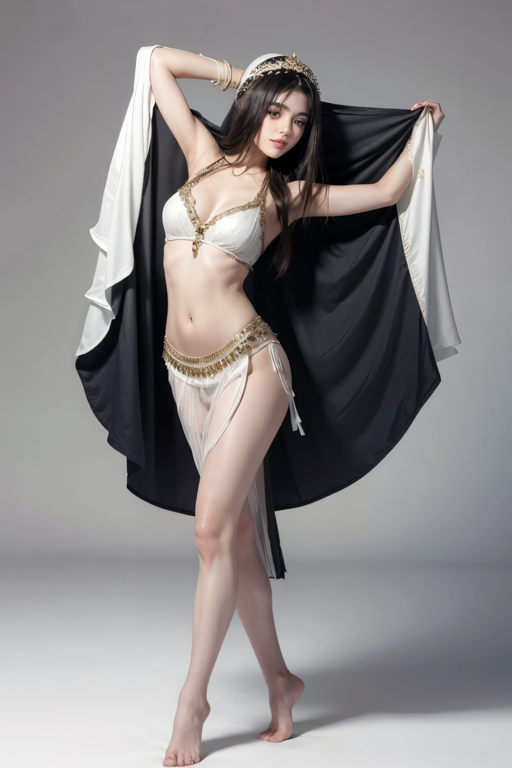 A beautiful dancer dancing the veil dance seductively without shoes, on a white background. Dressed in Arab style.