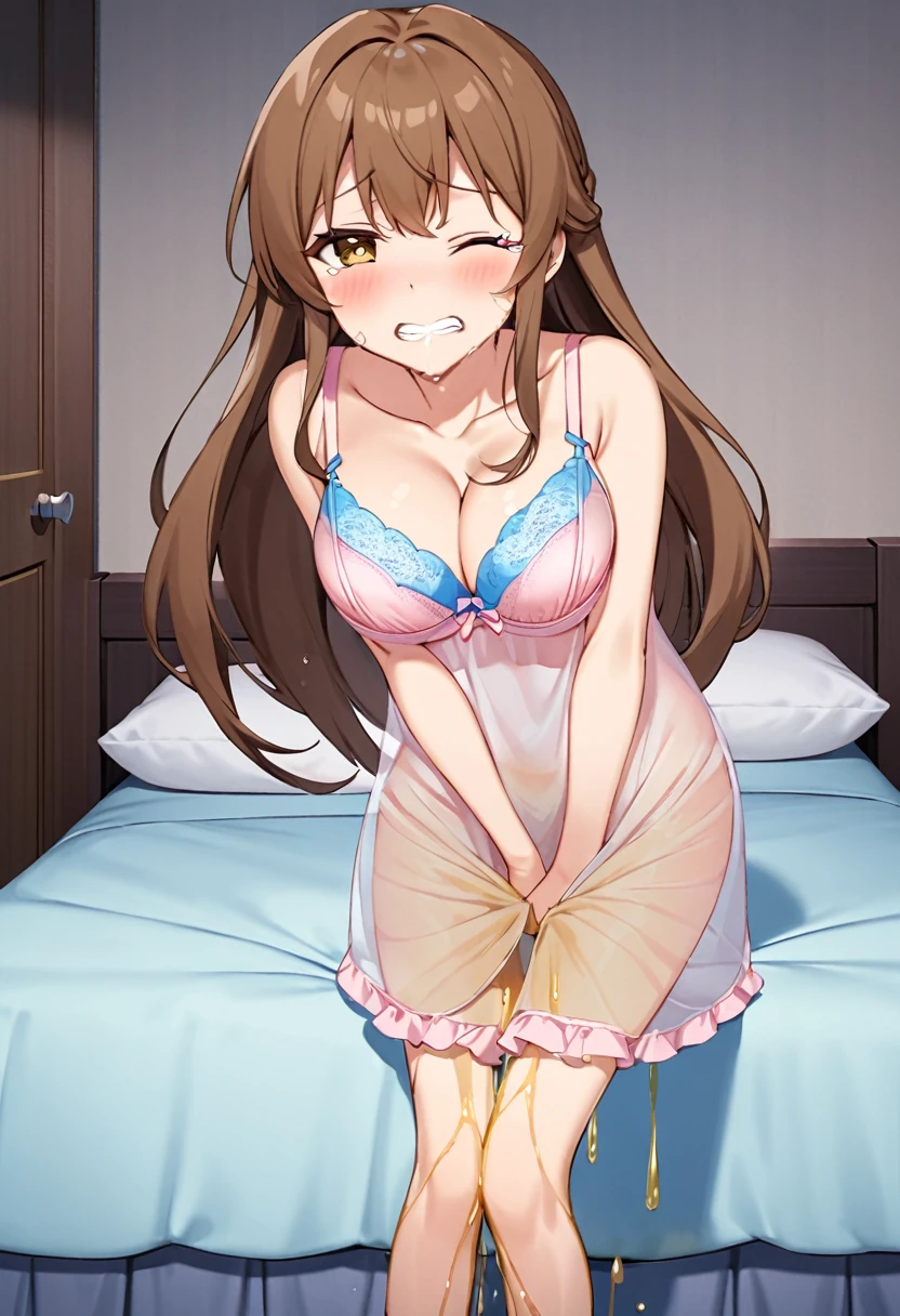 NSFW, (masterpiece, top quality, best quality, highly detailed:1.6), extremely detailed CG unity 8k wallpaper, (standing:2.9), (leaning forward:2.5), (barefoot, Woman standing on a puddle of urine:1.5), (indoor, see-through Nightgown, panties and bra visible through translucent nightgown, In the bed room:2.7), (bra, panties:2), (at midnight:2), (full body), wide shot, long shot, (hands between legs:1.5), (Touching crotch with hand, holding crotch, Hold the urethra and hold in your pee:2.5), (rubbing knees together, pee running down Nightgown, pee running down legs:2.5), (((clutching crotch))), (Pee flows down thighs and calves like a waterfall:1.5), strong facial expression, (sharp eye:1.2), (scowl:1.1), (embarrassed,blush:1.3), (steam:2.5), (wet:1.1), (sweat:1.1), (trembling:1.3), (open mouth, wavy mouth:1.4), (clenched teeth:1.7), (drooling:1.7), (half open eyes:2), (tears:2.3), (one eye closed, wink:2), (feeling weak:1.5), (bravery crying, sobbing:1.5), (shoot from front, looking at viewer:1.2), (very long hair, Extra long hair, brown hair:1.7), (woman trembling with sexual climax:1.5), colorful, full body, wide shot, perfect composition, urination, incontinence, piss, peeing self, (((pee stream))), (pee puddle), Wetting herself, (Pee stains spread on the skirt), From the skirt dripping pee, large breasts, Yellow pee, ((leaking pee)), puddle of pee, Pee at your feet, Pee spread on the floor, Pee stains, Dripping pee between my legs, Feet Wet from pee, Pee-covered feet, Pee at your feet, want to pee, about to pee, Full bladder, Pee-soaked panties, natural makeup,