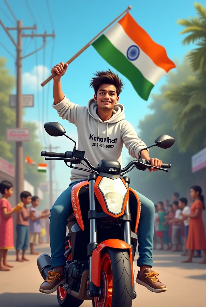 realistic Indian 18 year old boy sitting KTM bike Number od_18j_5857 Holding Indian flag and celebrating India festival happy independence day with background of blue sky in Indian Street and boy wearing white hoodie with name”prabhat’ style hair on it by the way childrens are holding Indian flag playinga round, some children also playing, and someuncles drinking tea at a shop. also a text written “Happy independence day”at top, 3D art painting real photowith high resolution.