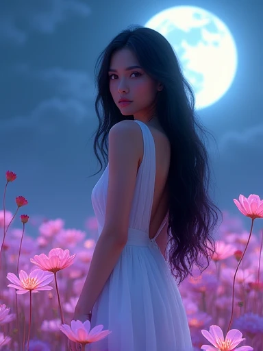 a beautiful young woman with long flowing dark hair, glowing skin, and piercing blue eyes, wearing a low-cut white dress, surrounded by glowing pink and purple flowers, standing in a moonlit field, with a dreamy, ethereal atmosphere, highly detailed, photorealistic, 8k, masterpiece