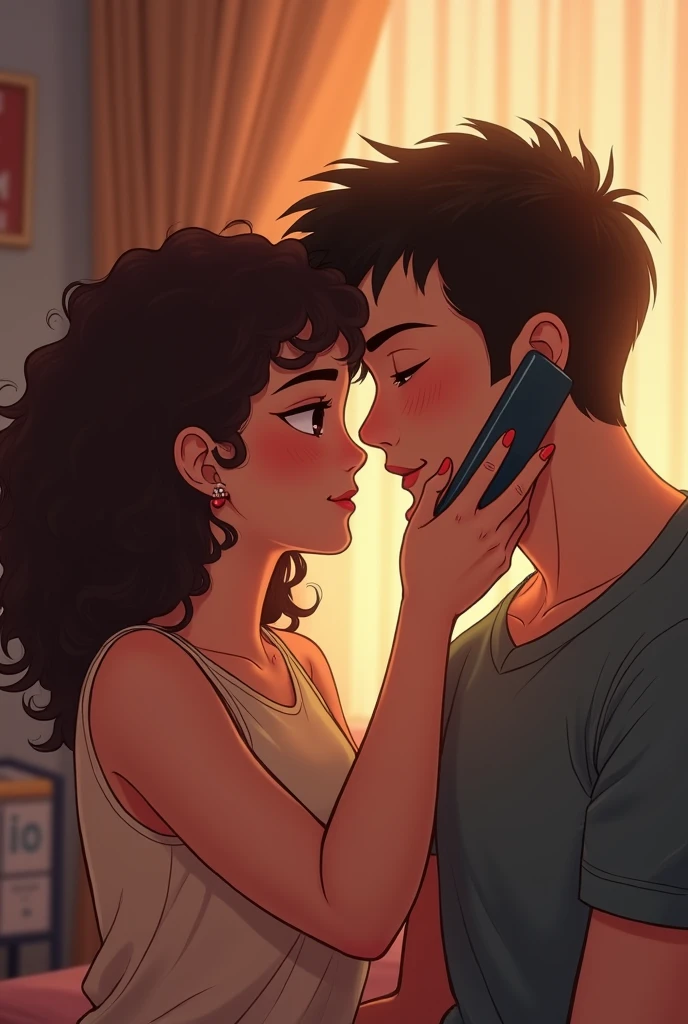 A couple of boyfriends in different countries talking on the phone Chubby girl The girl is chubby, brunette, curly hair and he is tall, strong and has a mole on the left side of his face on his cheeks