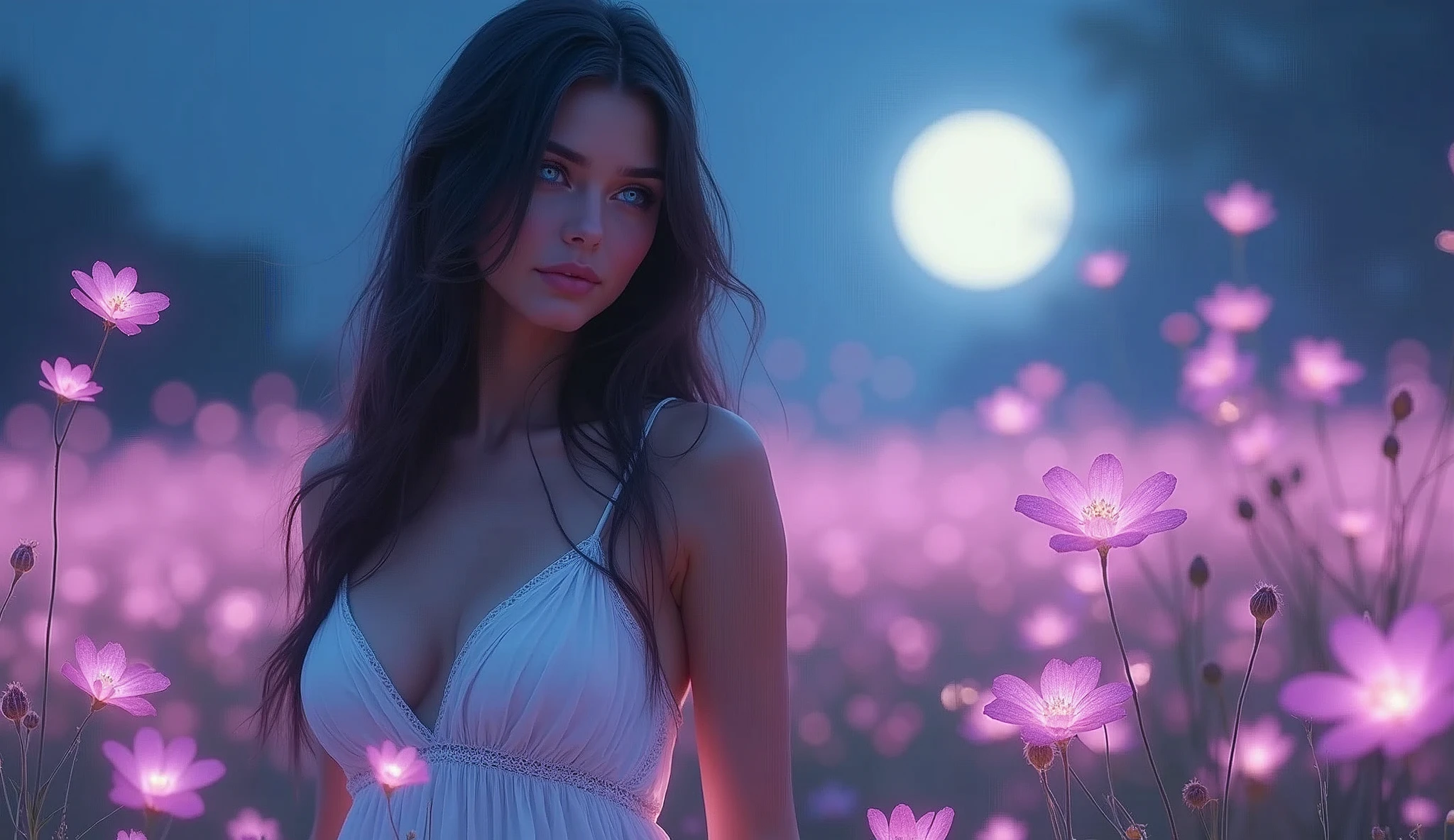 a beautiful young woman with long flowing dark hair, glowing skin, and piercing blue eyes, wearing a low-cut white dress, surrounded by glowing pink and purple flowers, standing in a moonlit field, with a dreamy, ethereal atmosphere, highly detailed, photorealistic, 8k, masterpiece