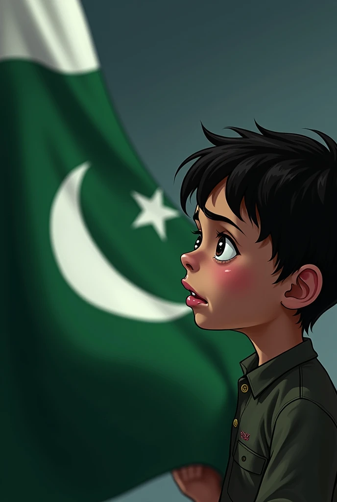 A boy see a i flag and his eyes are fully looking that he was crying when see at flag