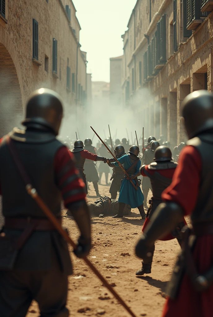 ((( masterpiece ))), (((Highest quality))), ((Very detailed)), (photograph), (Epic battle in Sassi di Matera), (photo:1.2) of Two groups of soldiers, dressed in different uniforms, fight each other in the alleys of the Sassi of Matera. Some soldiers are squatting, others lying on the ground, still others run to shelter from the blows of opponents., cinematic lights. Masterpiece, best quality, 8K, photo realistic, wallpaper, wallpaper 8k, photographic contest winner, Hyperrealistic art cinematic film still photography in the style of detailed hyperrealism photoshoot. [Entire scene is surrounded by lights, evoking a magical and eerie atmosphere. The lighting is bright and atmospheric, with smoke adding a touch of sinister ambiance. Best quality image, HDR enhancement, showcasing the utmost level of detail and realism]. [8K, Best Quality, Ultra High Resolution, (highly detailed CG unity 8k wallpaper), (best photo), (best shadows), isometric 3D, octane rendering, ray tracing, highly detailed, (Best quality, 4K, 8k:1.2), absurdity, ultra detailed, (realistic, photorealistic, photorealistic:1.37), complex parts, HDR, (complex parts:1.12), (hyper detailed, hyper realistic, Soft lighting, spicy:1.2), (complex parts, Hyper detailed:1.15). Blurred foreground. (backlit), masterpiece, high quality, brightness, chromatic aberration, foggy smoke, shadows, contrast, clear sky, (warm hue, warm tone), high details, natural reflections].