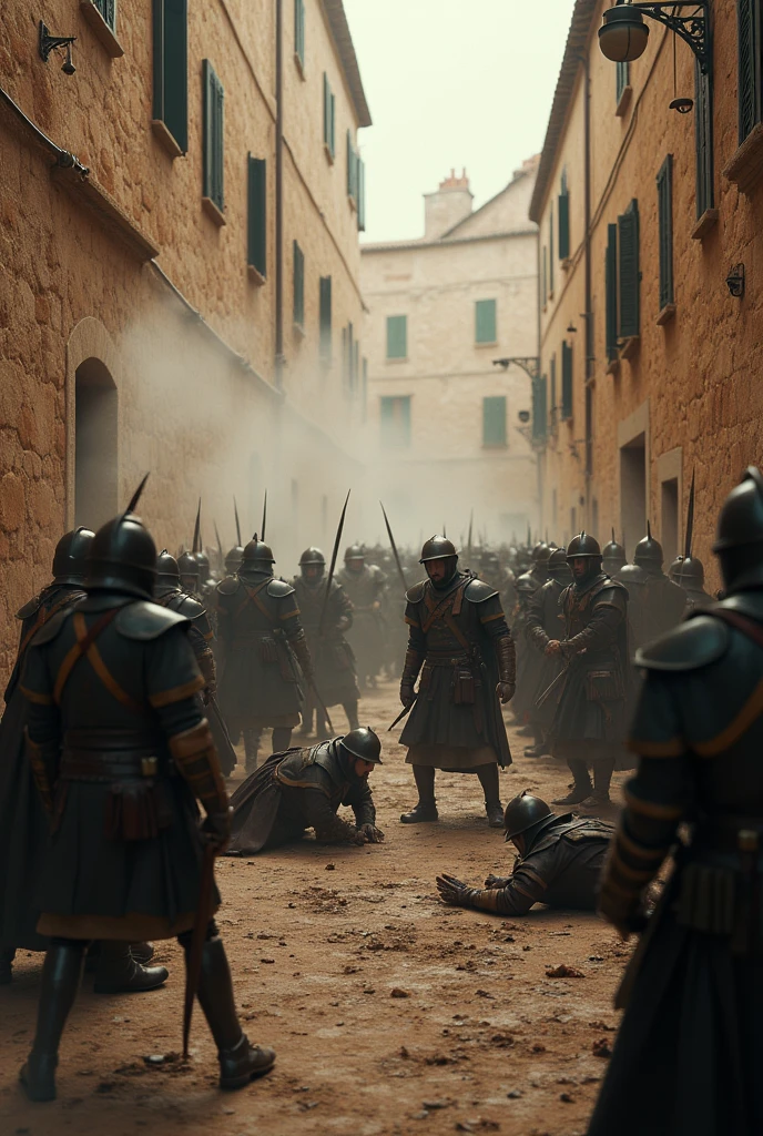 ((( masterpiece ))), (((Highest quality))), ((Very detailed)), (photograph), (Epic battle in Sassi di Matera), (photo:1.2) of Two groups of soldiers, dressed in different uniforms, fight each other in the alleys of the Sassi of Matera. Some soldiers are squatting, others lying on the ground, still others run to shelter from the blows of opponents., cinematic lights. Masterpiece, best quality, 8K, photo realistic, wallpaper, wallpaper 8k, photographic contest winner, Hyperrealistic art cinematic film still photography in the style of detailed hyperrealism photoshoot. [Entire scene is surrounded by lights, evoking a magical and eerie atmosphere. The lighting is bright and atmospheric, with smoke adding a touch of sinister ambiance. Best quality image, HDR enhancement, showcasing the utmost level of detail and realism]. [8K, Best Quality, Ultra High Resolution, (highly detailed CG unity 8k wallpaper), (best photo), (best shadows), isometric 3D, octane rendering, ray tracing, highly detailed, (Best quality, 4K, 8k:1.2), absurdity, ultra detailed, (realistic, photorealistic, photorealistic:1.37), complex parts, HDR, (complex parts:1.12), (hyper detailed, hyper realistic, Soft lighting, spicy:1.2), (complex parts, Hyper detailed:1.15). Blurred foreground. (backlit), masterpiece, high quality, brightness, chromatic aberration, foggy smoke, shadows, contrast, clear sky, (warm hue, warm tone), high details, natural reflections].