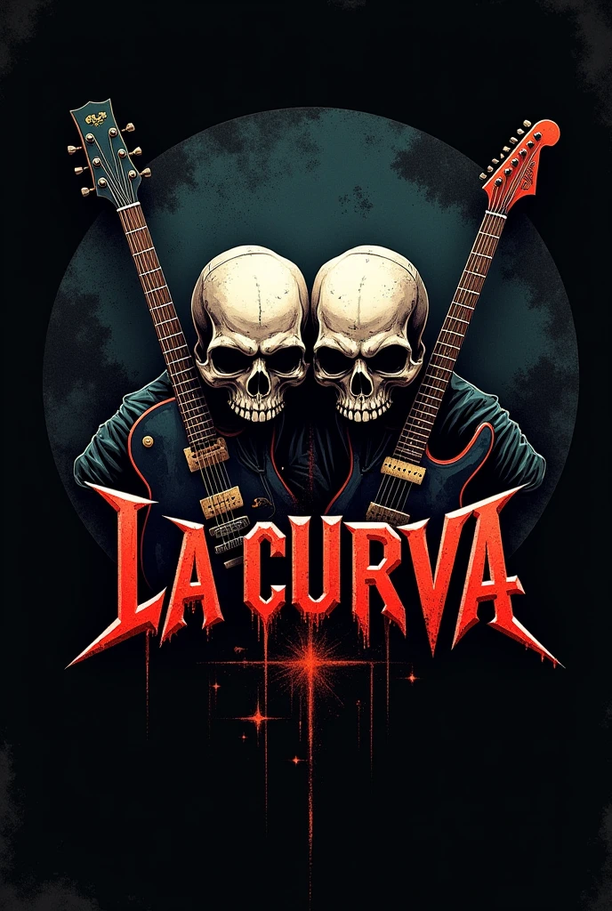 Make me a logo with the name "La Curva" including skulls, instruments like guitar and drums, make it aggressive and realistic, that causes a visual impact.