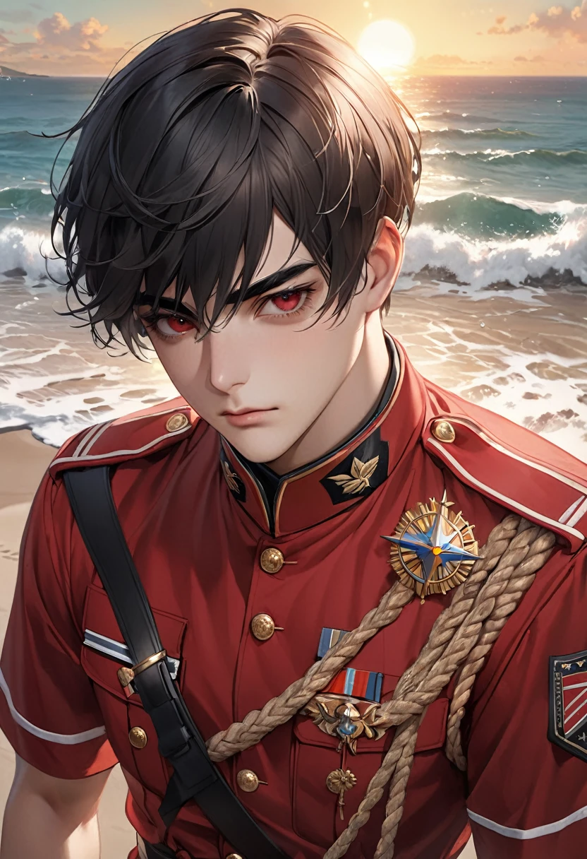 1 person male Black short hair Black eyebrows Bangs that cover the eyes Crimson Eyes Red military uniform Seaside and sun Realistic