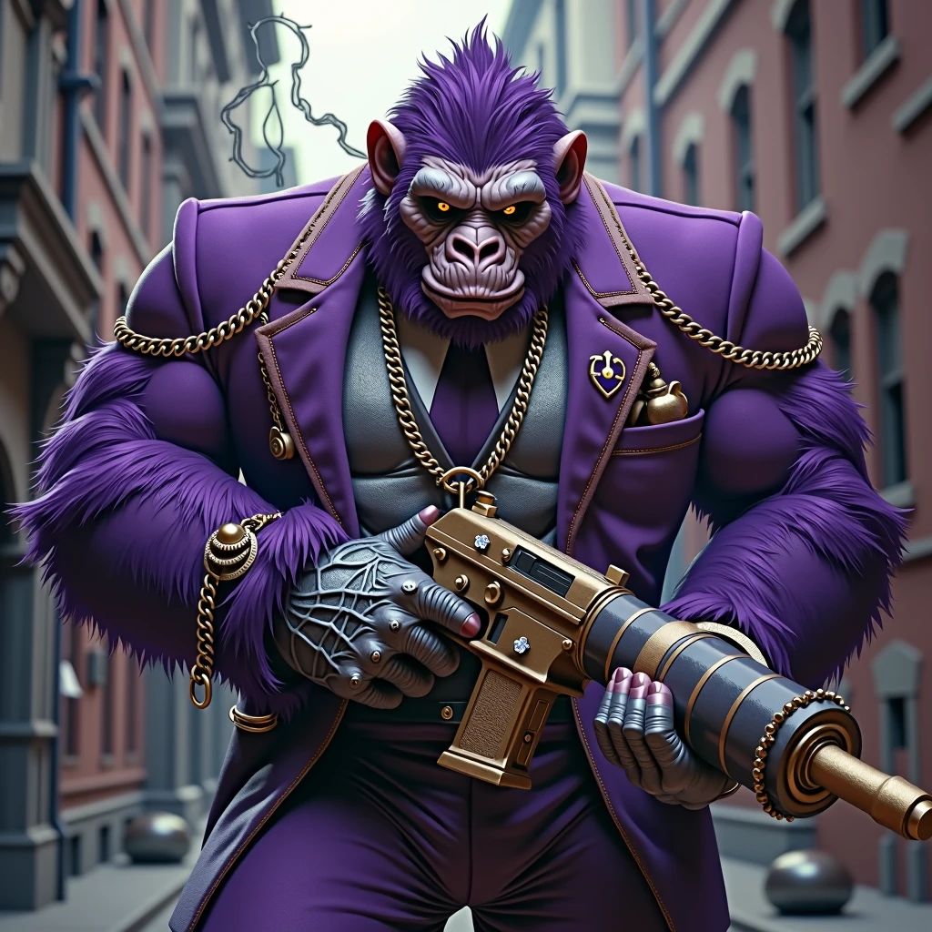 Purple Ape, with giant weapons, with gangster SUIT with chains, tattooed and smoking, with diamond and gold rings 