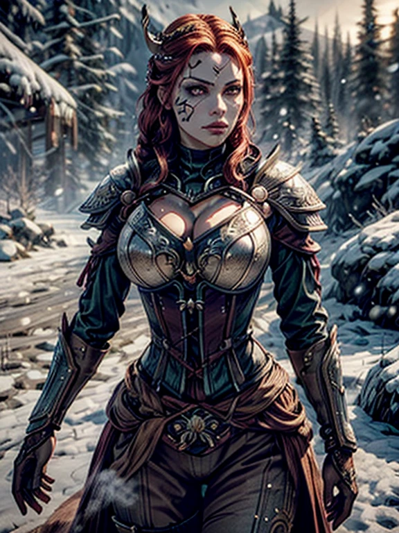 aela the huntress with long red hair braided, (Corset  armor)), ((breastplate)) , small breasts, ((cleavage)), beautiful face, young body, ((slim athletic body)), standing in a snowy field, holding a bow, winter landscape, dramatic lighting, detailed facial features, intricate armor details, volumetric snow, glowing magical runes, cinematic composition, mist, cold atmosphere, photorealistic, 8k, highly detailed, masterpiece,((Viking face paint)), ((beautiful detailed eyes)), ((beautiful detailed lip)),