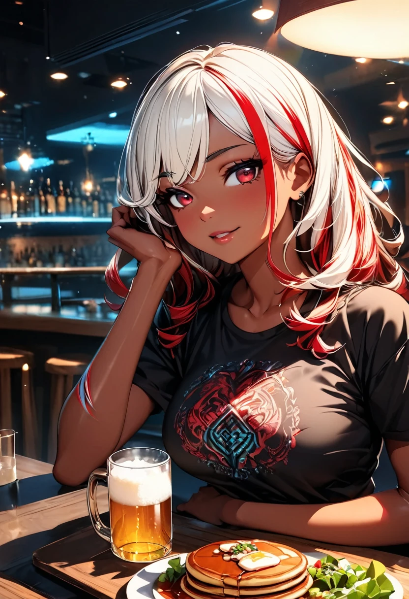 (highest quality:1.2, Very detailed, up to date, Vibrant, Ultra-high resolution, High Contrast, masterpiece:1.2, highest quality, Best aesthetics), Portraiture、girl、singer, solo, ((25-years-old:1)), Bright colors, Beautiful fine details、Beautiful lip detail、medium wave hair、red and white ((streaked hair:1.6)), highlights hair: 1.5, red eyes, slim body, medium breast, (tan skin:1.1), (Floral Fineline tattoo design on left arm:1), black t-shirts, holding mug of beer:1, siting in table, thick steak, salad, (pancakes), steak house, close up of upper body, facing viewer