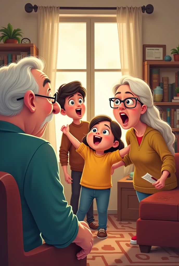 more old parents were shock woman is love and support had inspired him to achieve his goal suprised cartoon