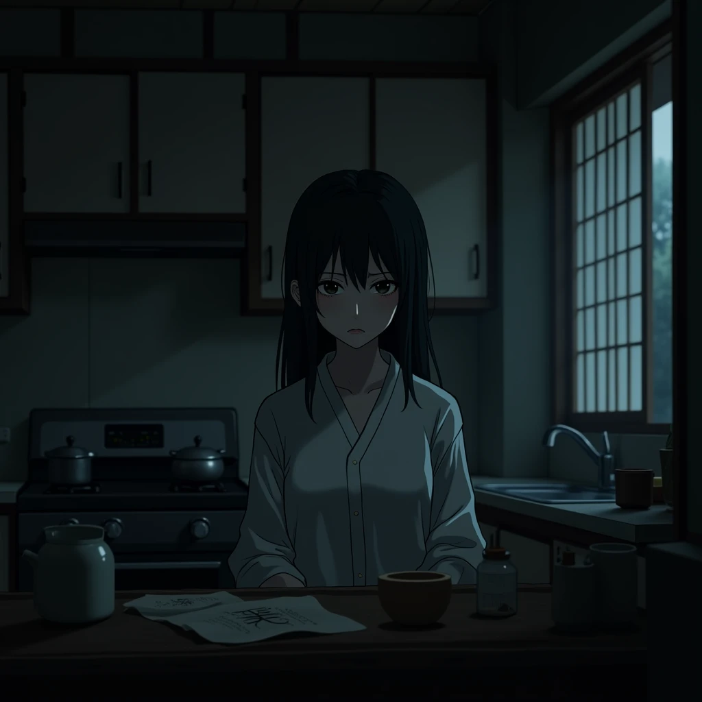 female, disappointed, expressionless, dark atmosphere, japanese, in the kitchen, at night