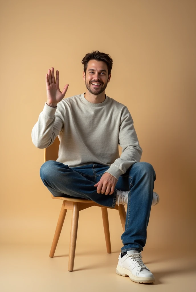 A male model poses sitting cross-legged on a chair, one hand raised on a can.: This pose represents welcome and friendliness.