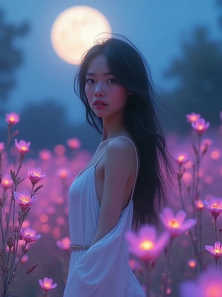a beautiful young woman with long flowing dark hair, glowing skin, and piercing blue eyes, wearing a low-cut white dress, surrounded by glowing pink and purple flowers, standing in a moonlit field, with a dreamy, ethereal atmosphere, highly detailed, photorealistic, 8k, masterpiece